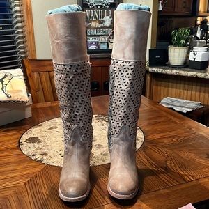 FREEBIRD by Steven. Creek.  Size 8. Laser-cut tan Leather. Knee High Boots.